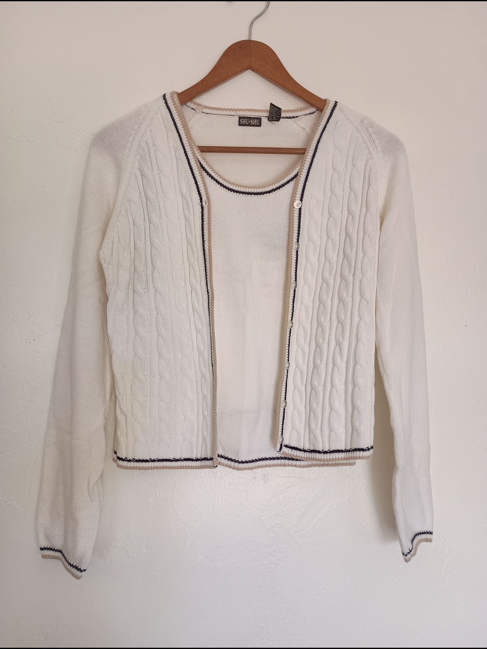 SHU SHU 100% Cotton White Cable Knit Cardigan Sweater Set Trim Women M